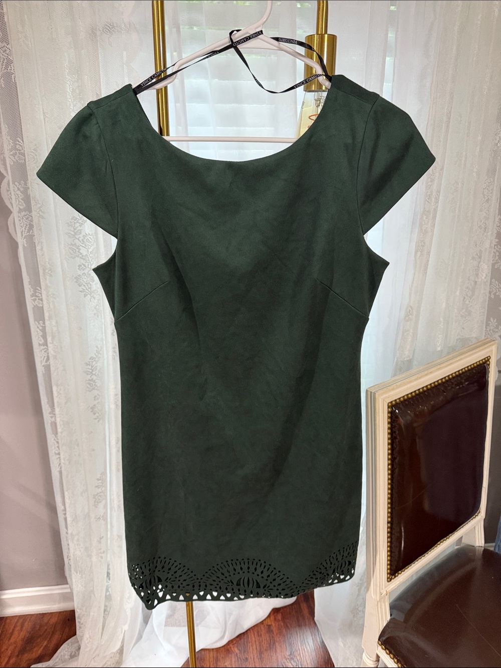 Vince Camuto Dark Green Cap-Sleeve Mini Dress with Laser-Cut Hem